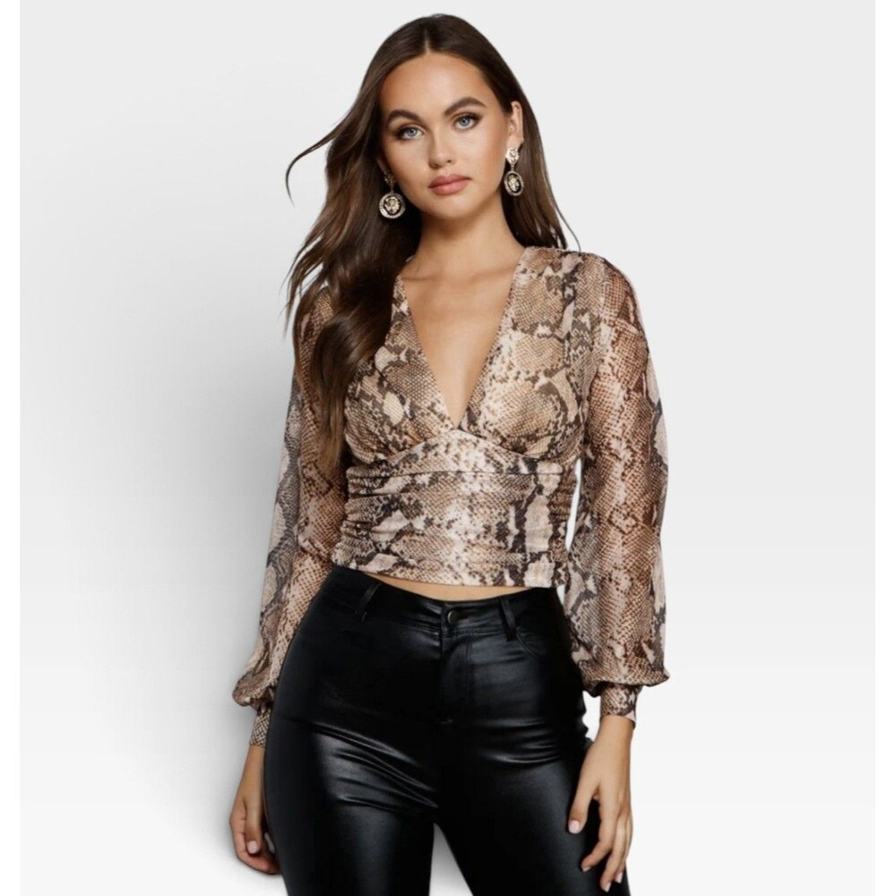 NWT Windsor Brown Tan Snake Print Long Sleeve V Neck Tie Back Top Blouse Size M